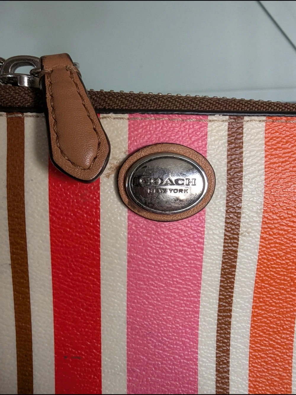 Coach Striped Zip Wallet in Pink, Red, Orange, Brown
